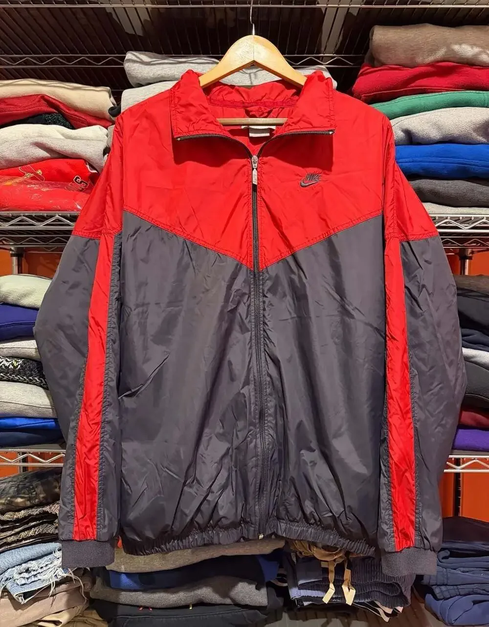 Vintage Nike Color Block Full Zip Fleece Lined Windbreaker Jacket Red Black XL